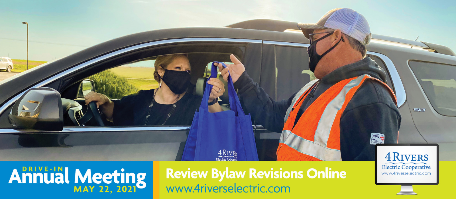 Man in safety vest hands a bag with 4 Rivers Electric logo to a woman in a car. Words "Attend Meeting May 22" below.