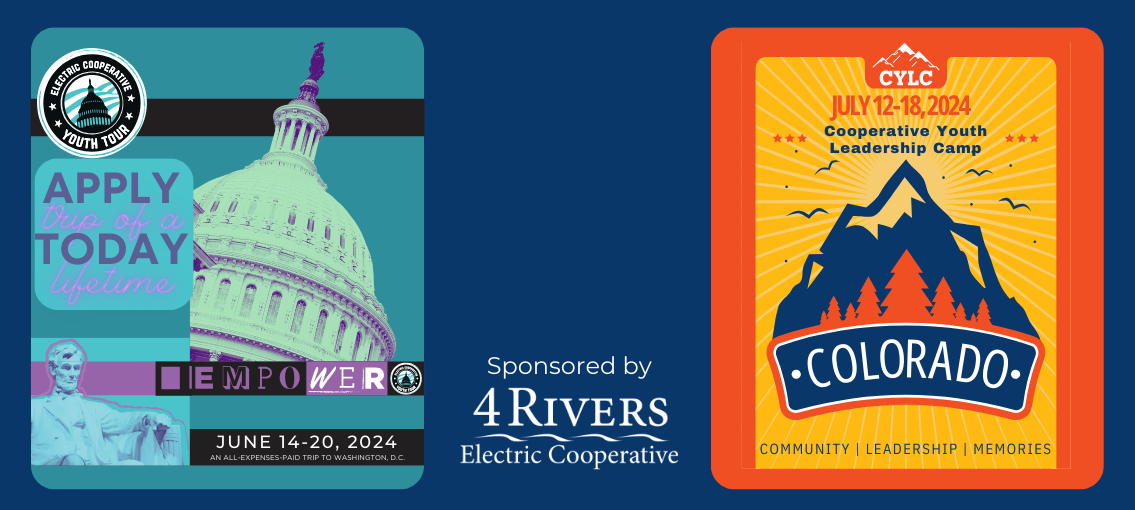 Youth Tour logo and Cooperative Youth Leadership Camp logo together with the 4 Rivers Electric Co-op logo
