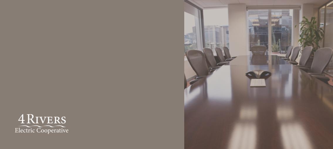 Half brown background and half image of empty boardroom table with 4 Rivers logo in lower left corner
